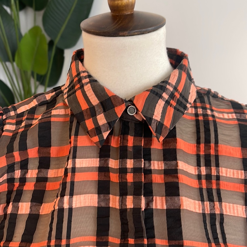 Sheer black and pumpkin plaid button down
